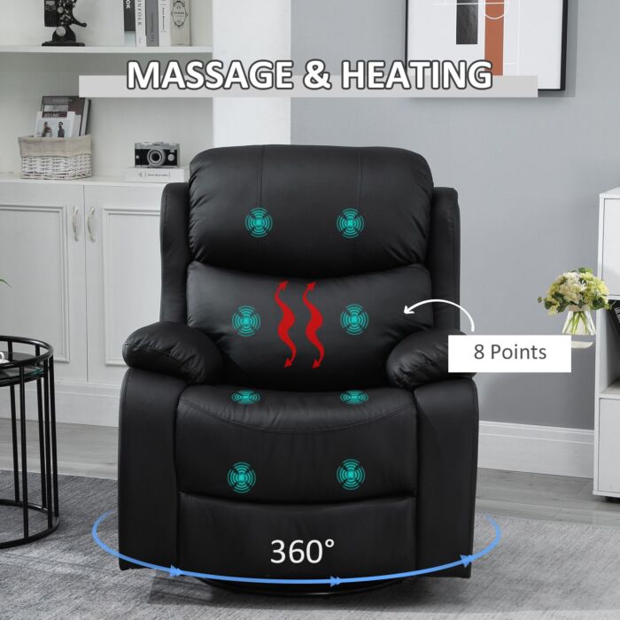 Homcom Pu Leather Reclining Chair With 8 Massage Points And Heat, Manual Recliner With Swivel Base, Footrest And Remote, Black