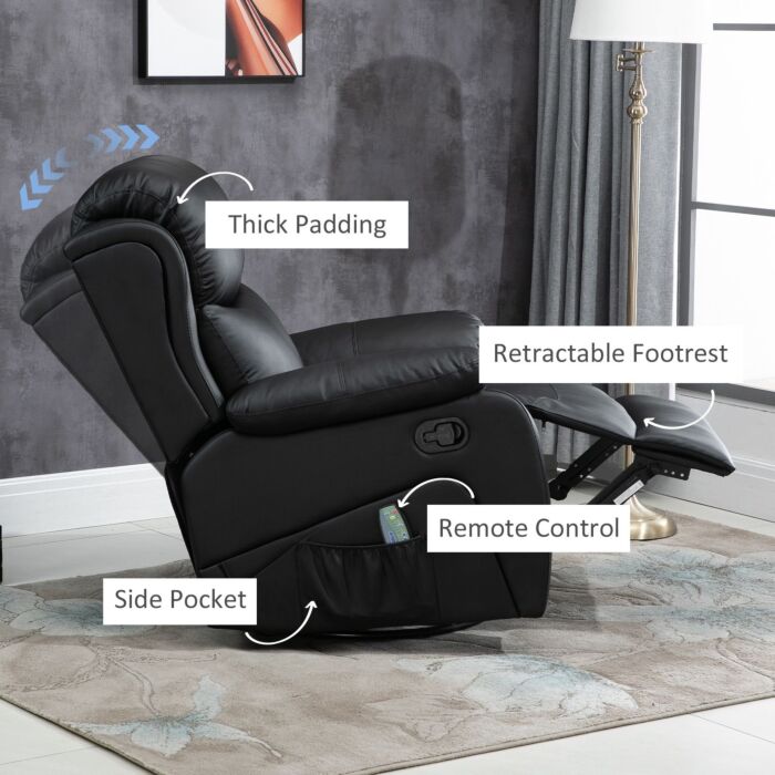 Homcom Pu Leather Reclining Chair With 8 Massage Points And Heat, Manual Recliner With Swivel Base, Footrest And Remote, Black