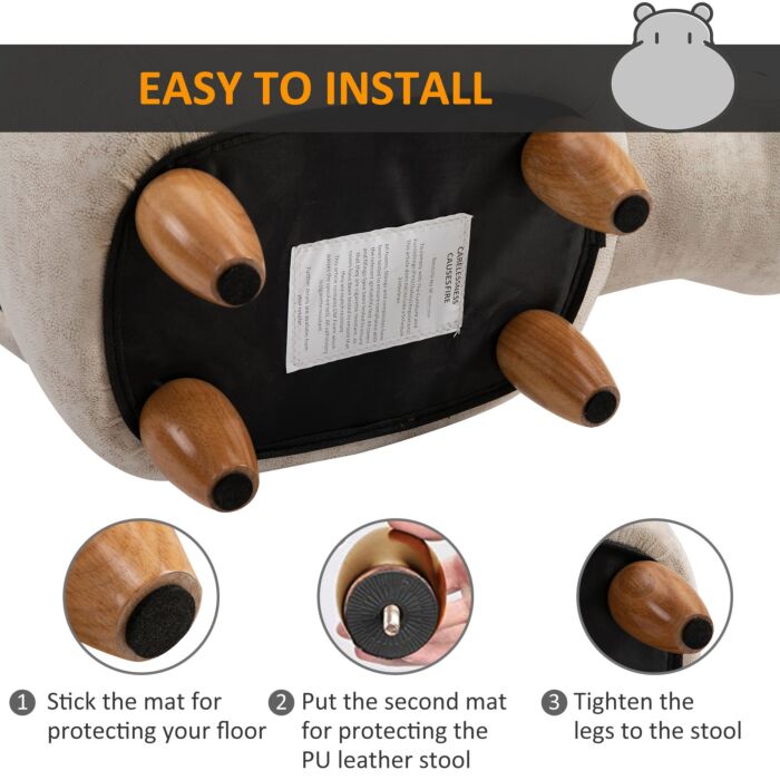Homcom Hippo Storage Stool Cute Decoration Footrest Wood Frame Legs With Padding Lid Ottoman Animal Furniture Cream 36 X 65cm
