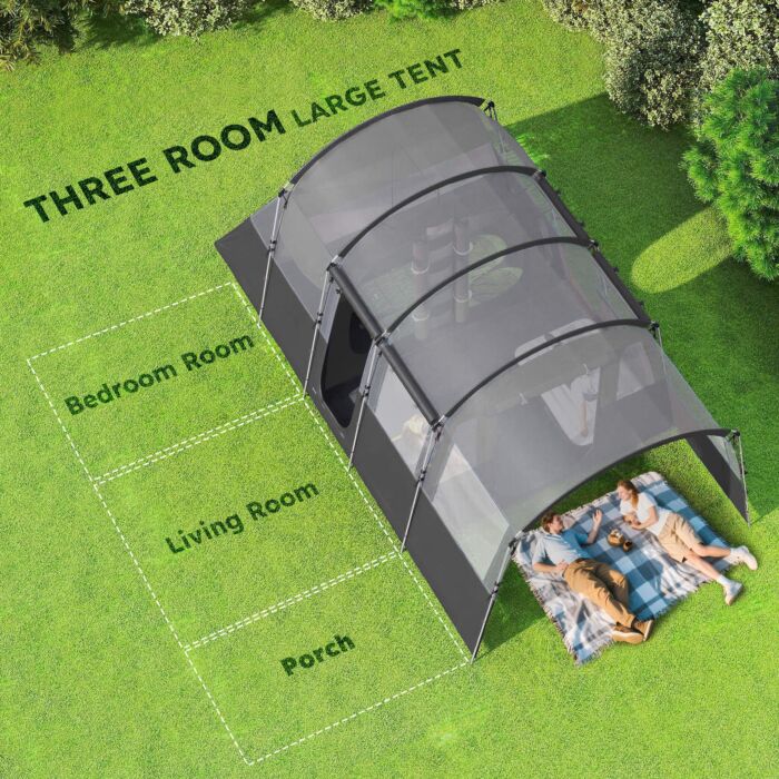 Outsunny 8-person Camping Tent, Waterproof Family Tent, Tunnel Design, 4 Large Windows, Sleeping Cabins 3000mm Water Column Grey