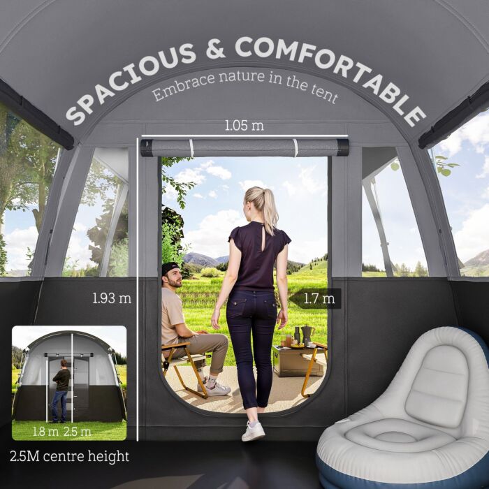 Outsunny 8-person Camping Tent, Waterproof Family Tent, Tunnel Design, 4 Large Windows, Sleeping Cabins 3000mm Water Column Grey