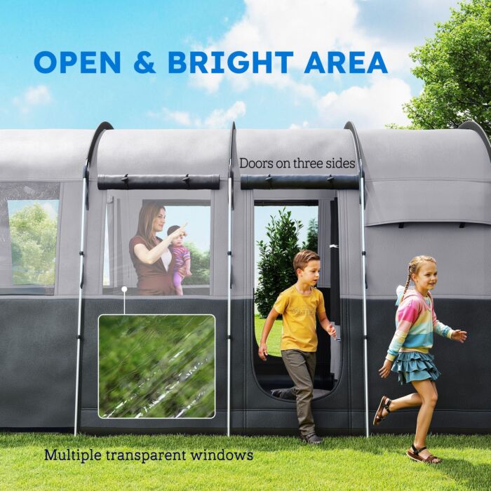 Outsunny 8-person Camping Tent, Waterproof Family Tent, Tunnel Design, 4 Large Windows, Sleeping Cabins 3000mm Water Column Grey