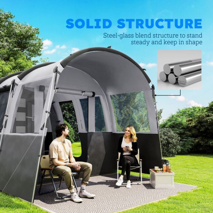 Outsunny 8-person Camping Tent, Waterproof Family Tent, Tunnel Design, 4 Large Windows, Sleeping Cabins 3000mm Water Column Grey