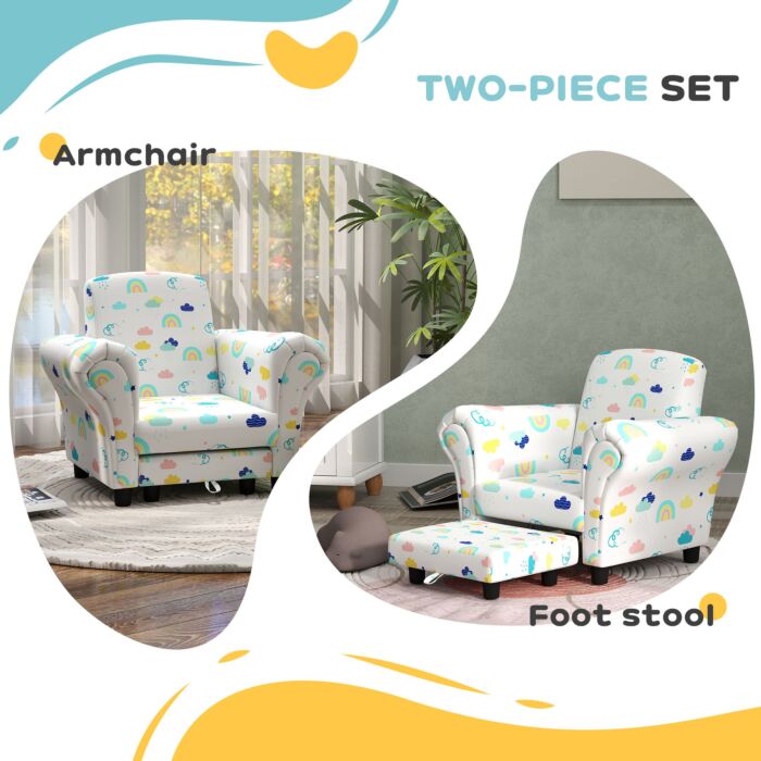 Aiyaplay 2 Piece Kids Sofa Set With Cloud Design, Wooden Frame, For 1.5-3 Years Old, White