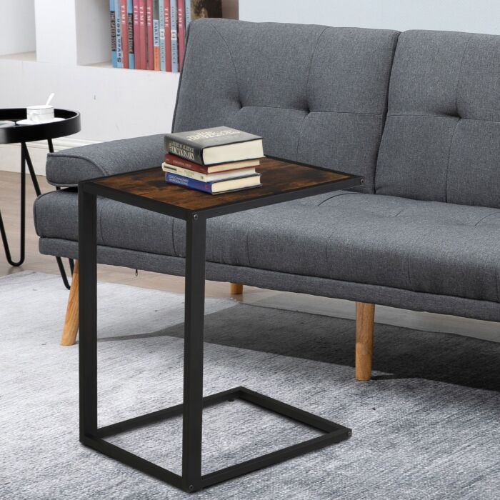 Homcom C-shaped Side Table, Sofa End Table With Metal Frame, Accent Couch Table, Brown And Black