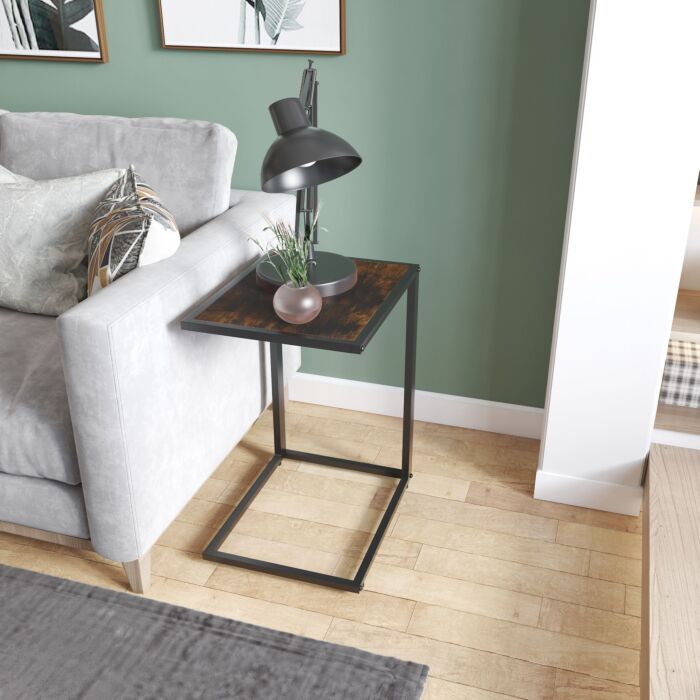 Homcom C-shaped Side Table, Sofa End Table With Metal Frame, Accent Couch Table, Brown And Black