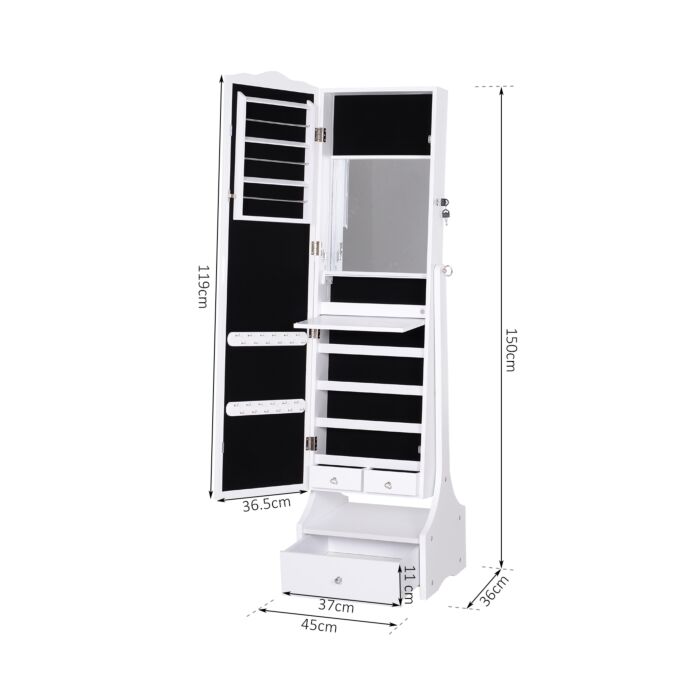 Homcom Jewellery Cabinet With Led, Mirroir Cabinet Armoire Floor Standing Flip-over Makeup Shelf Organizer With Lock White