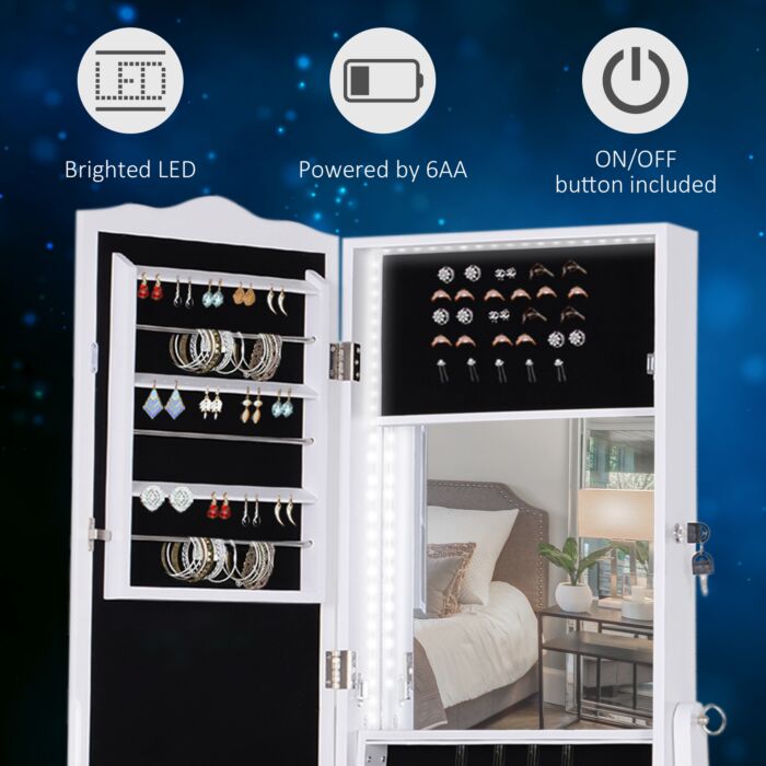 Homcom Jewellery Cabinet With Led, Mirroir Cabinet Armoire Floor Standing Flip-over Makeup Shelf Organizer With Lock White