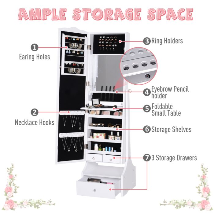 Homcom Jewellery Cabinet With Led, Mirroir Cabinet Armoire Floor Standing Flip-over Makeup Shelf Organizer With Lock White