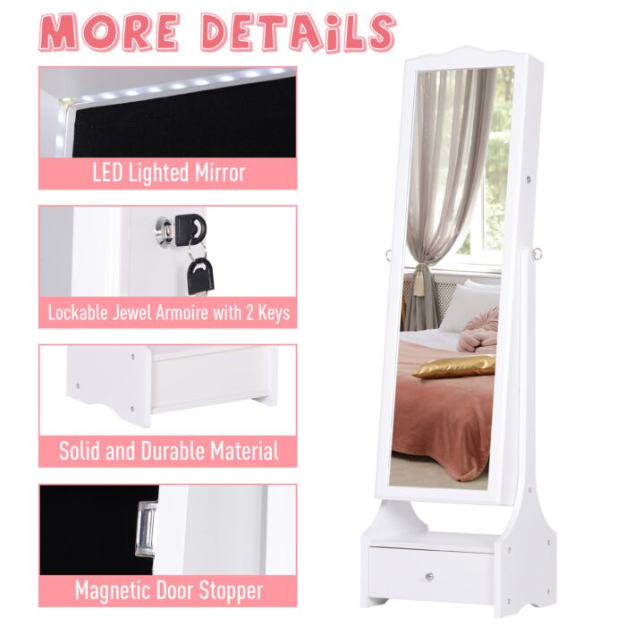 Homcom Jewellery Cabinet With Led, Mirroir Cabinet Armoire Floor Standing Flip-over Makeup Shelf Organizer With Lock White