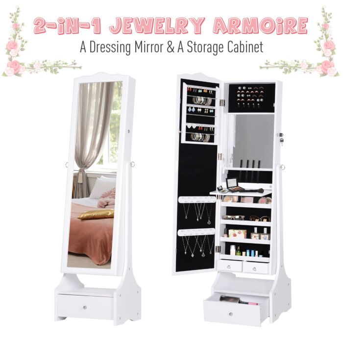 Homcom Jewellery Cabinet With Led, Mirroir Cabinet Armoire Floor Standing Flip-over Makeup Shelf Organizer With Lock White