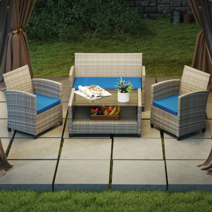 Outsunny Outdoor Seat Cushion Pads For Rattan Furniture, 3 Pcs Garden Furniture Cushions, Sky Blue