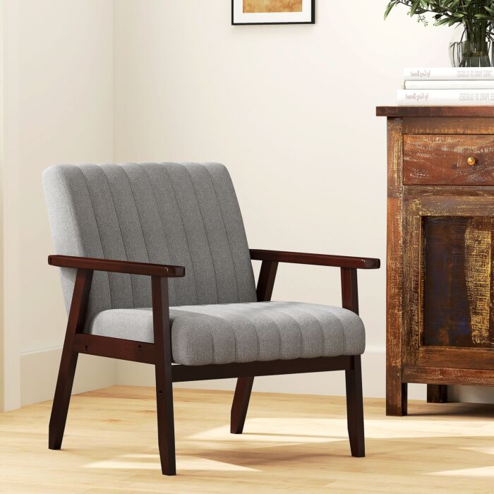 Homcom Modern Armchair, Fabric Accent Chair, Upholstered Living Room Chair With Wood Legs Tufting Pattern, Grey