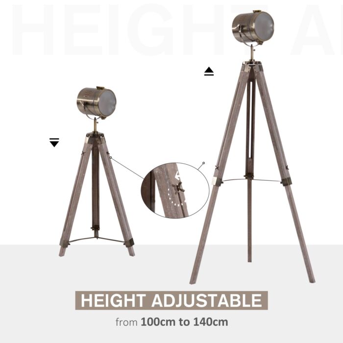 Homcom Vintage Tripod Floor Lamp Retro Industrial Photography Light Spotlight Antique Searchlight Wooden Base