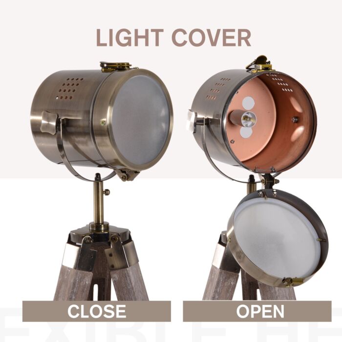 Homcom Vintage Tripod Floor Lamp Retro Industrial Photography Light Spotlight Antique Searchlight Wooden Base