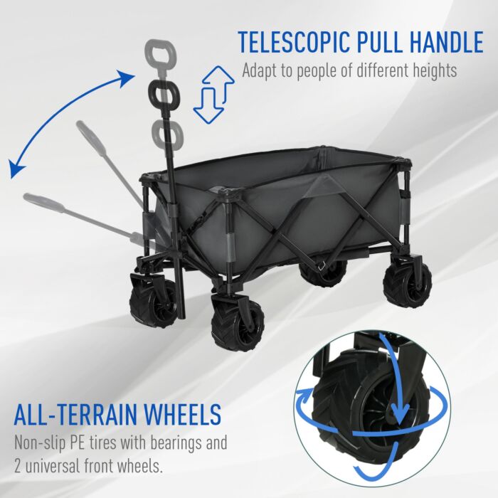 Outsunny Outdoor Pull Along Cart Folding Cargo Wagon Trailer Trolley For Beach Garden With Handle, Anti-slip Wheel - Dark Grey