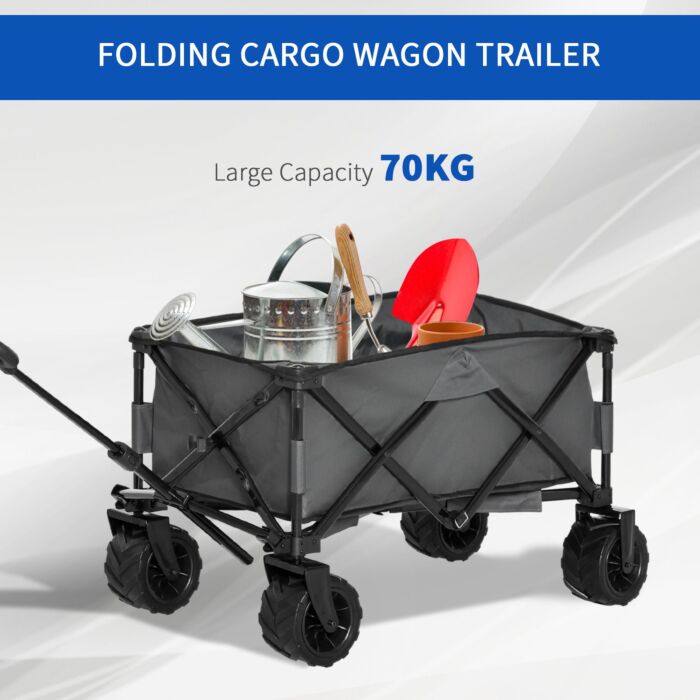 Outsunny Outdoor Pull Along Cart Folding Cargo Wagon Trailer Trolley For Beach Garden With Handle, Anti-slip Wheel - Dark Grey