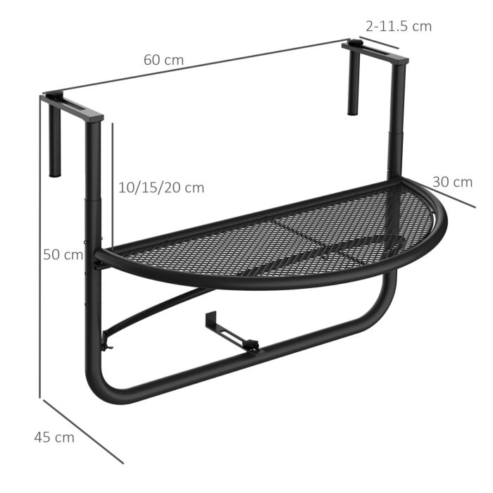 Outsunny Semi-circular Attachable Balcony Hanging Coffee Table Adjustable Side Metal Table