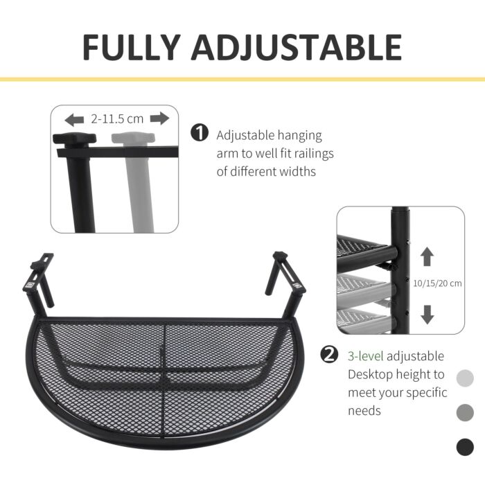 Outsunny Semi-circular Attachable Balcony Hanging Coffee Table Adjustable Side Metal Table