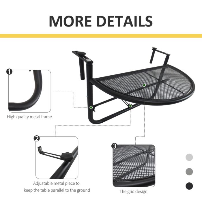 Outsunny Semi-circular Attachable Balcony Hanging Coffee Table Adjustable Side Metal Table