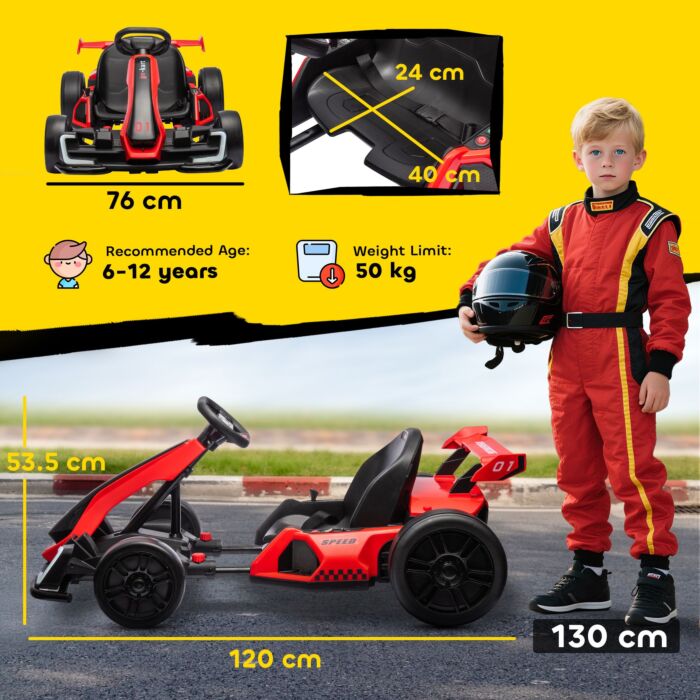 Homcom 24v Electric Go Kart For Kids With Adjustable Seat For 6-12 Years Old, Red
