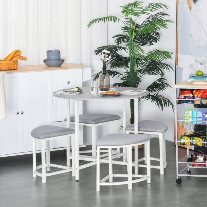 Homcom Modern Round Dining Table Set With 4 Upholstered Stools