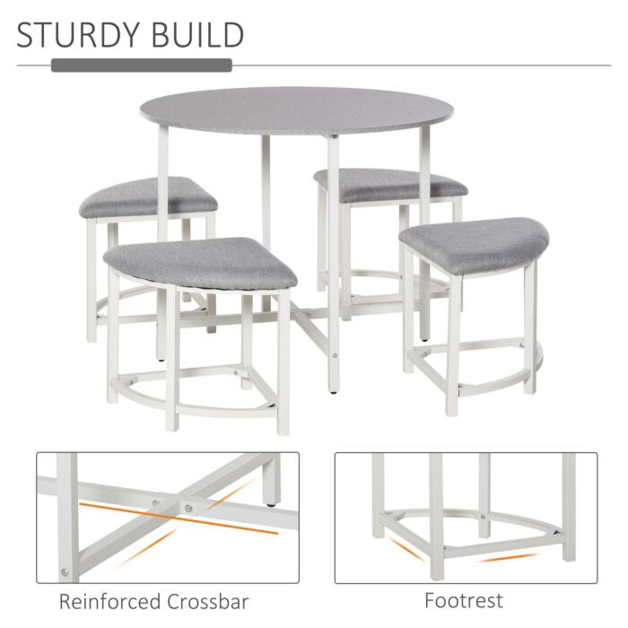 Homcom Modern Round Dining Table Set With 4 Upholstered Stools
