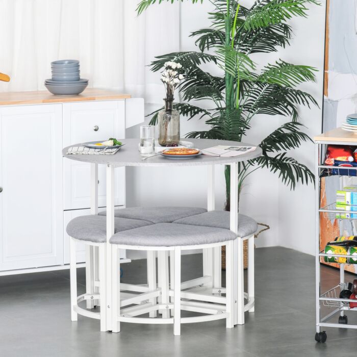 Homcom Modern Round Dining Table Set With 4 Upholstered Stools