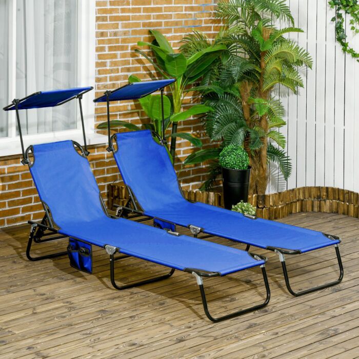 Outsunny 2 Piece Folding Sun Loungers With Canopy, Adjustable Recliner Garden Chairs With Side Pocket, Steel Frame And Breathable Mesh For Outdoor, Pool, Beach, Garden, Blue
