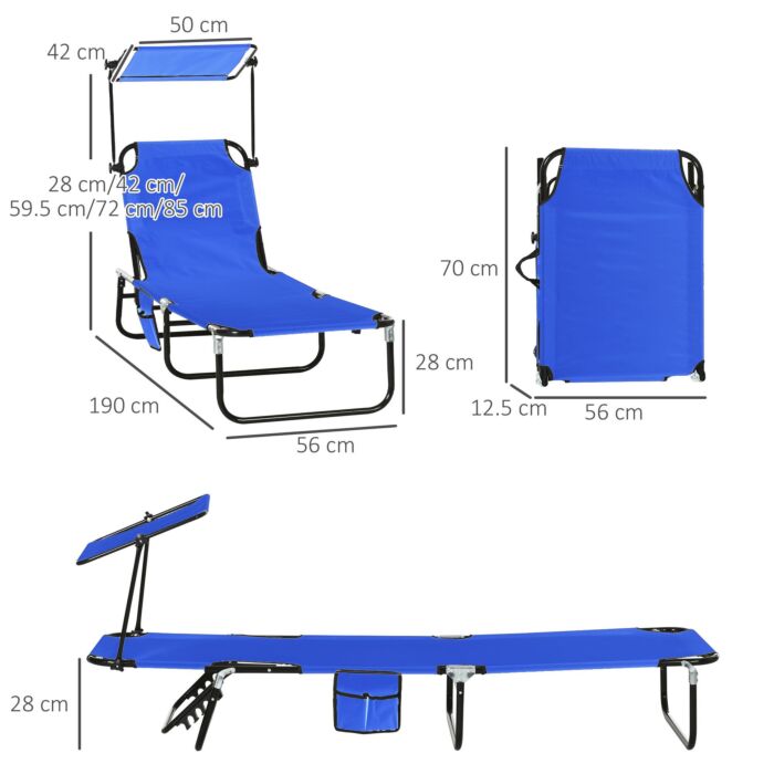Outsunny 2 Piece Folding Sun Loungers With Canopy, Adjustable Recliner Garden Chairs With Side Pocket, Steel Frame And Breathable Mesh For Outdoor, Pool, Beach, Garden, Blue