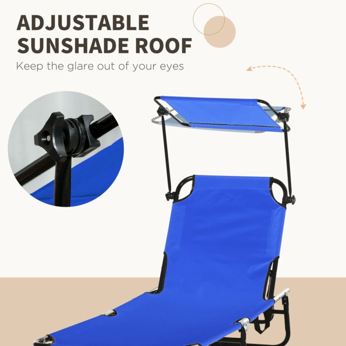 Outsunny 2 Piece Folding Sun Loungers With Canopy, Adjustable Recliner Garden Chairs With Side Pocket, Steel Frame And Breathable Mesh For Outdoor, Pool, Beach, Garden, Blue