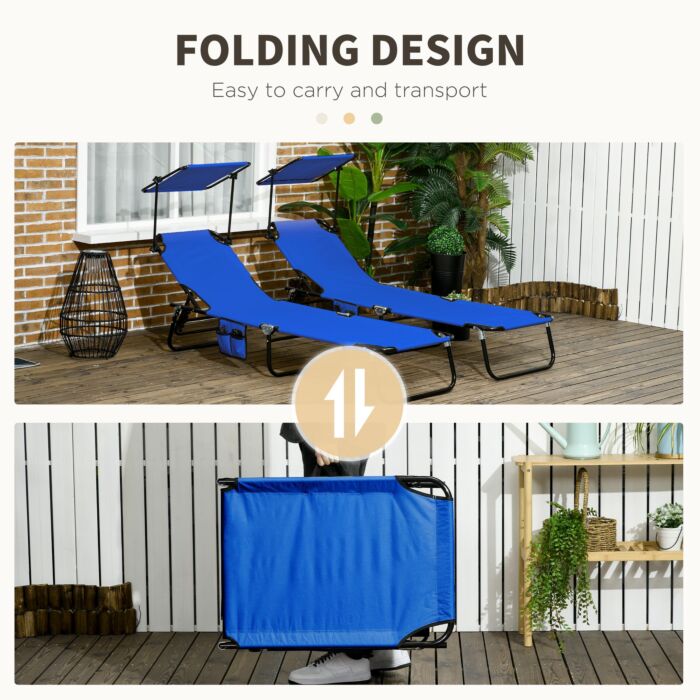 Outsunny 2 Piece Folding Sun Loungers With Canopy, Adjustable Recliner Garden Chairs With Side Pocket, Steel Frame And Breathable Mesh For Outdoor, Pool, Beach, Garden, Blue