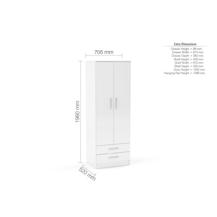 Lynx 2 Door Combi Wardrobe White