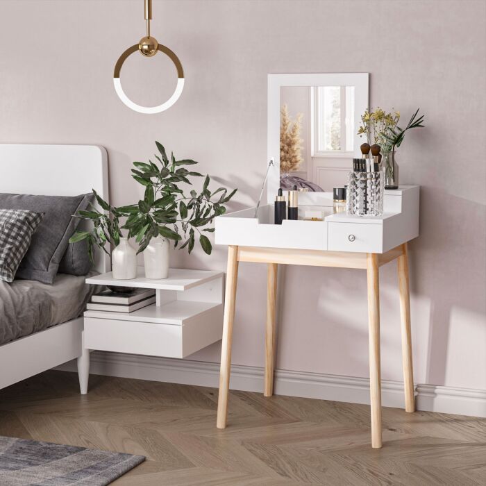 Homcom Mdf,pine Dressing Table Desk Flip-up Mirror Multi-purpose 2 Drawers Modern - White
