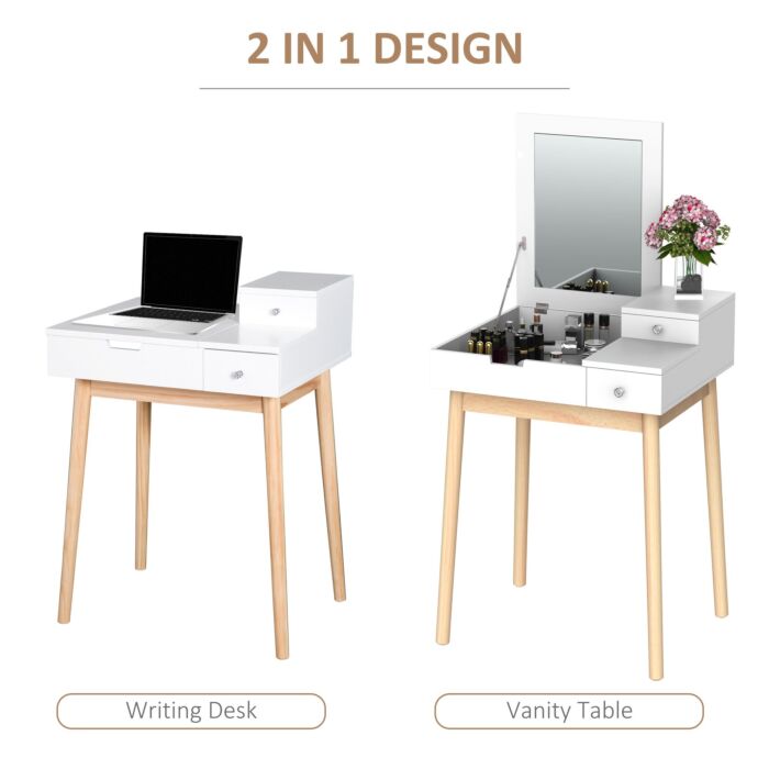 Homcom Mdf,pine Dressing Table Desk Flip-up Mirror Multi-purpose 2 Drawers Modern - White