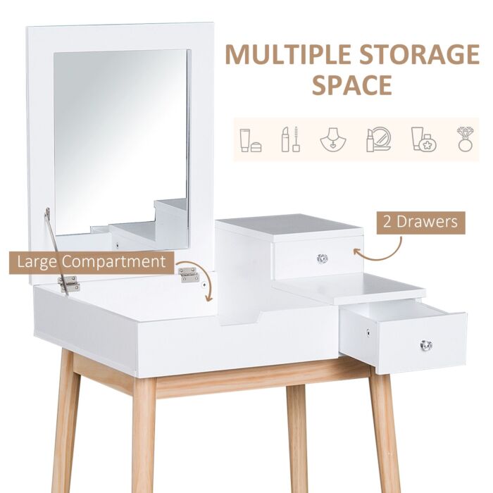 Homcom Mdf,pine Dressing Table Desk Flip-up Mirror Multi-purpose 2 Drawers Modern - White