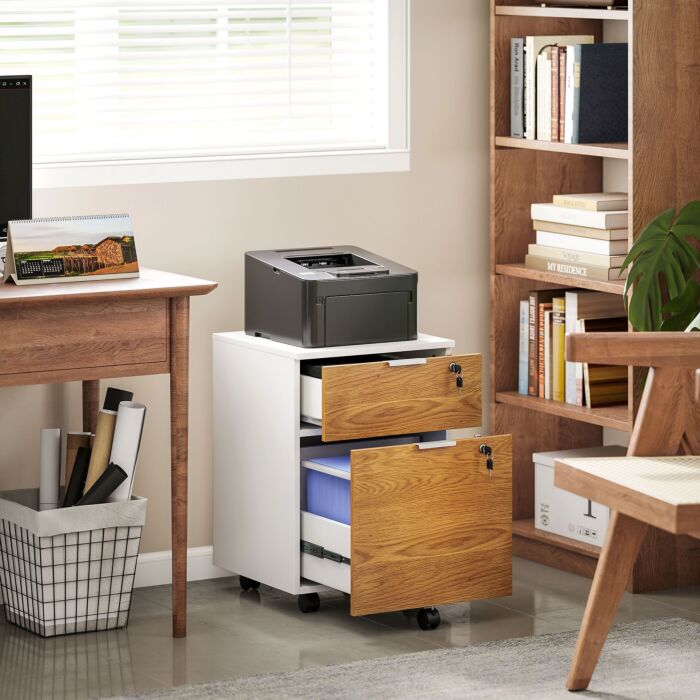 Homcom 2 Drawer Filing Cabinet With Lock And Wheels, Mobile File Cabinet With Adjustable Hanging Bars For A4 And Letter, Under Desk Office Cabinet, White And Natural Wood Effect