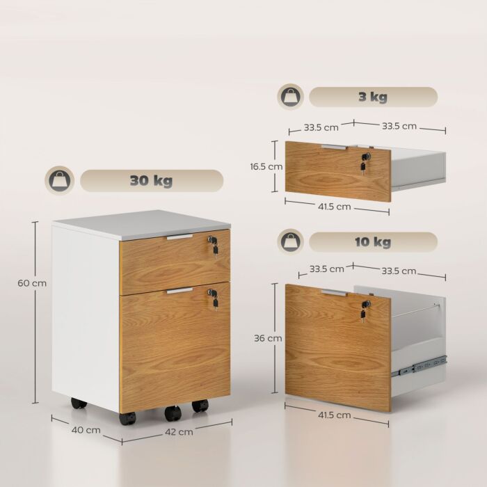 Homcom 2 Drawer Filing Cabinet With Lock And Wheels, Mobile File Cabinet With Adjustable Hanging Bars For A4 And Letter, Under Desk Office Cabinet, White And Natural Wood Effect