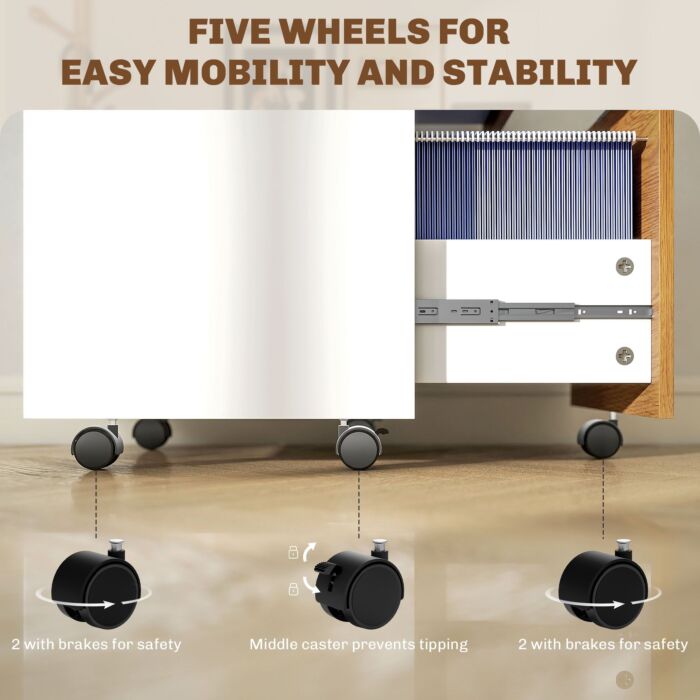 Homcom 2 Drawer Filing Cabinet With Lock And Wheels, Mobile File Cabinet With Adjustable Hanging Bars For A4 And Letter, Under Desk Office Cabinet, White And Natural Wood Effect