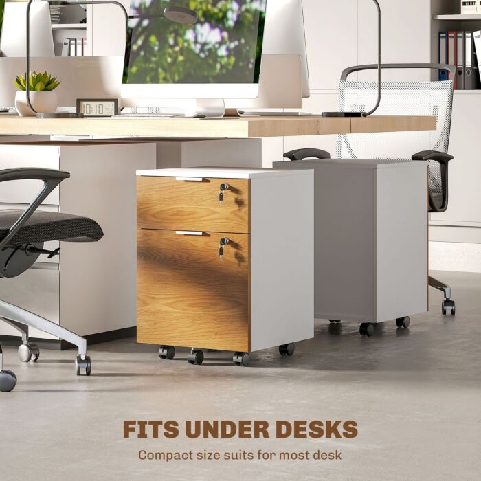 Homcom 2 Drawer Filing Cabinet With Lock And Wheels, Mobile File Cabinet With Adjustable Hanging Bars For A4 And Letter, Under Desk Office Cabinet, White And Natural Wood Effect
