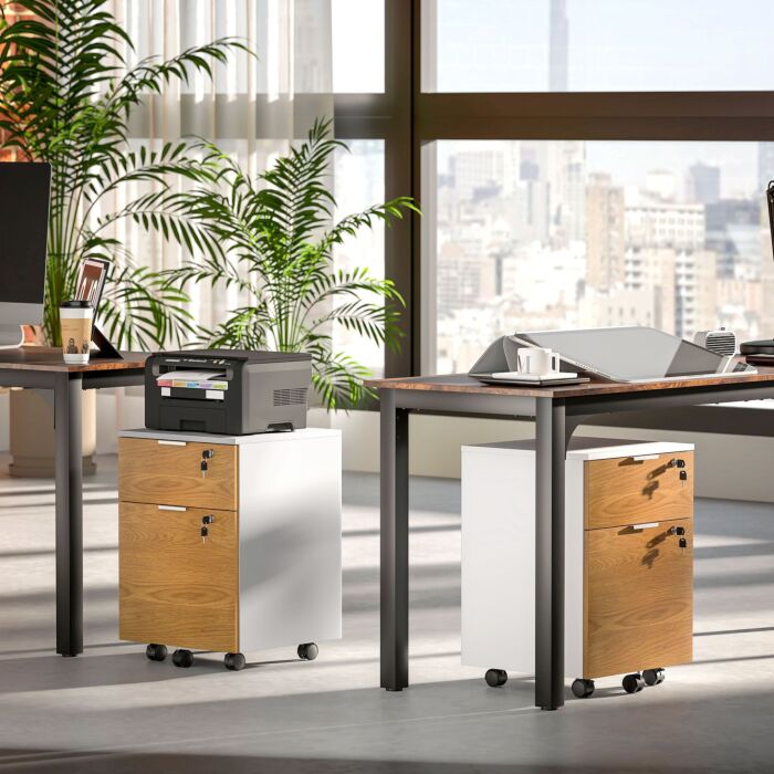 Homcom 2 Drawer Filing Cabinet With Lock And Wheels, Mobile File Cabinet With Adjustable Hanging Bars For A4 And Letter, Under Desk Office Cabinet, White And Natural Wood Effect