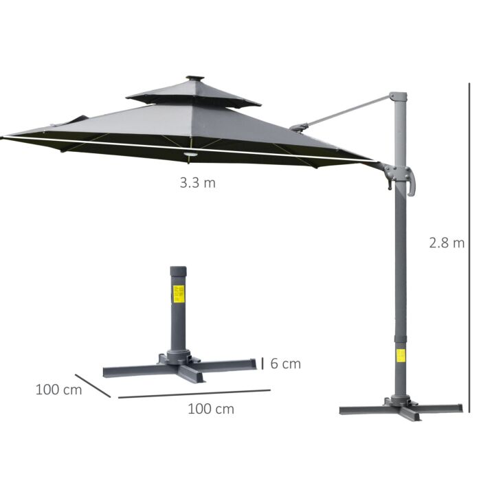Outsunny 3m Cantilever Parasol W/ Solar Lights Power Bank Cross Base Adjustable Canopy 360° Spin Outdoor Garden Umbrella 2-tier Roof Sun Shade Grey