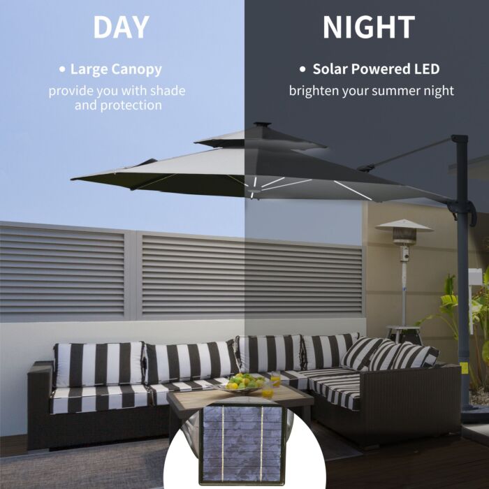 Outsunny 3m Cantilever Parasol W/ Solar Lights Power Bank Cross Base Adjustable Canopy 360° Spin Outdoor Garden Umbrella 2-tier Roof Sun Shade Grey
