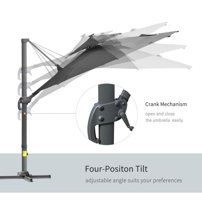 Outsunny 3m Cantilever Parasol W/ Solar Lights Power Bank Cross Base Adjustable Canopy 360° Spin Outdoor Garden Umbrella 2-tier Roof Sun Shade Grey