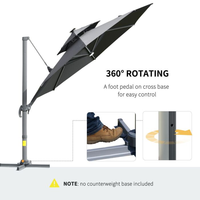Outsunny 3m Cantilever Parasol W/ Solar Lights Power Bank Cross Base Adjustable Canopy 360° Spin Outdoor Garden Umbrella 2-tier Roof Sun Shade Grey