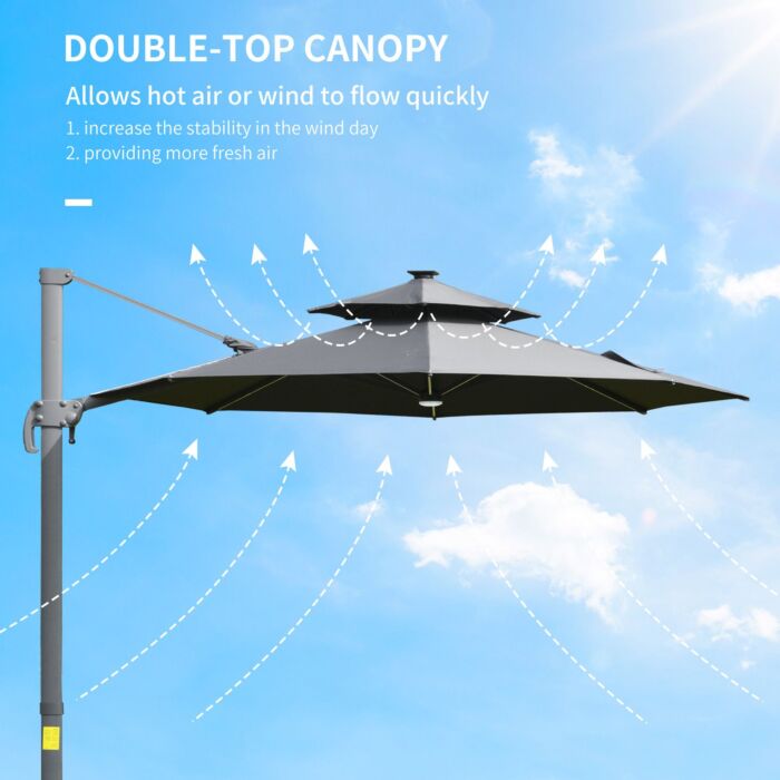 Outsunny 3m Cantilever Parasol W/ Solar Lights Power Bank Cross Base Adjustable Canopy 360° Spin Outdoor Garden Umbrella 2-tier Roof Sun Shade Grey