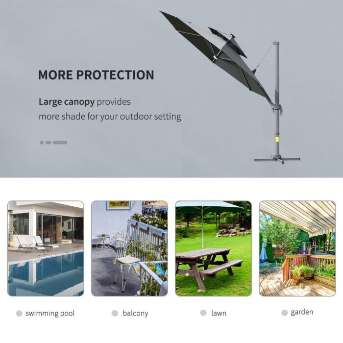 Outsunny 3m Cantilever Parasol W/ Solar Lights Power Bank Cross Base Adjustable Canopy 360° Spin Outdoor Garden Umbrella 2-tier Roof Sun Shade Grey