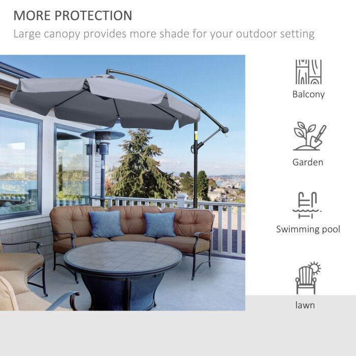 Outsunny 2.7m Banana Parasol Cantilever Umbrella With Crank Handle And Cross Base, Hanging Sun Shade, Dark Grey