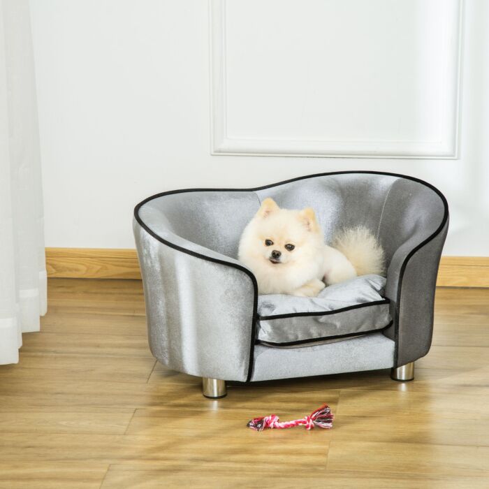 Pawhut Pet Sofa Couch, Dog Bed, Cat Lounger, With Storage Pocket Removable Cushion Modern Furniture For Small Dogs, 69 X 49 X 38cm, Silver Grey