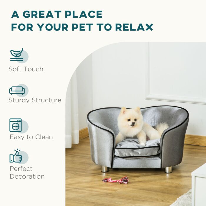 Pawhut Pet Sofa Couch, Dog Bed, Cat Lounger, With Storage Pocket Removable Cushion Modern Furniture For Small Dogs, 69 X 49 X 38cm, Silver Grey